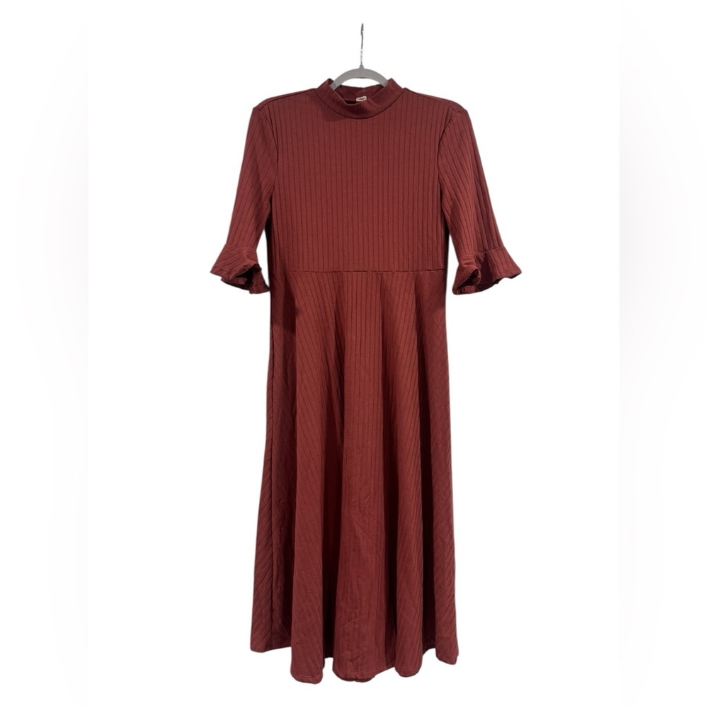 Women’s 3/4 Long Sleeve Ribbed Knit Fit Flare Midi Dress Burgundy Wine Large